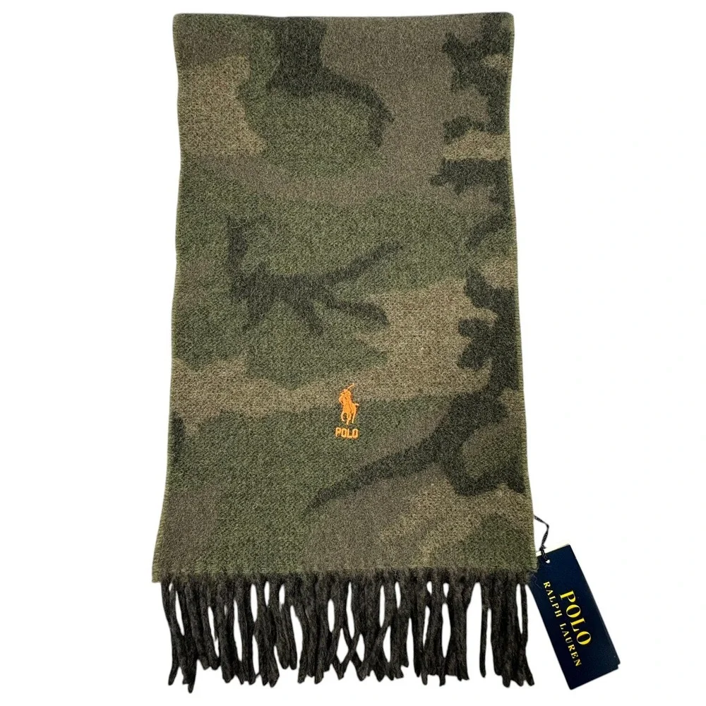 Polo Ralph Lauren Wool Scarf Mens Green Woodland Camo Pony Logo 10x68 Italy NWT